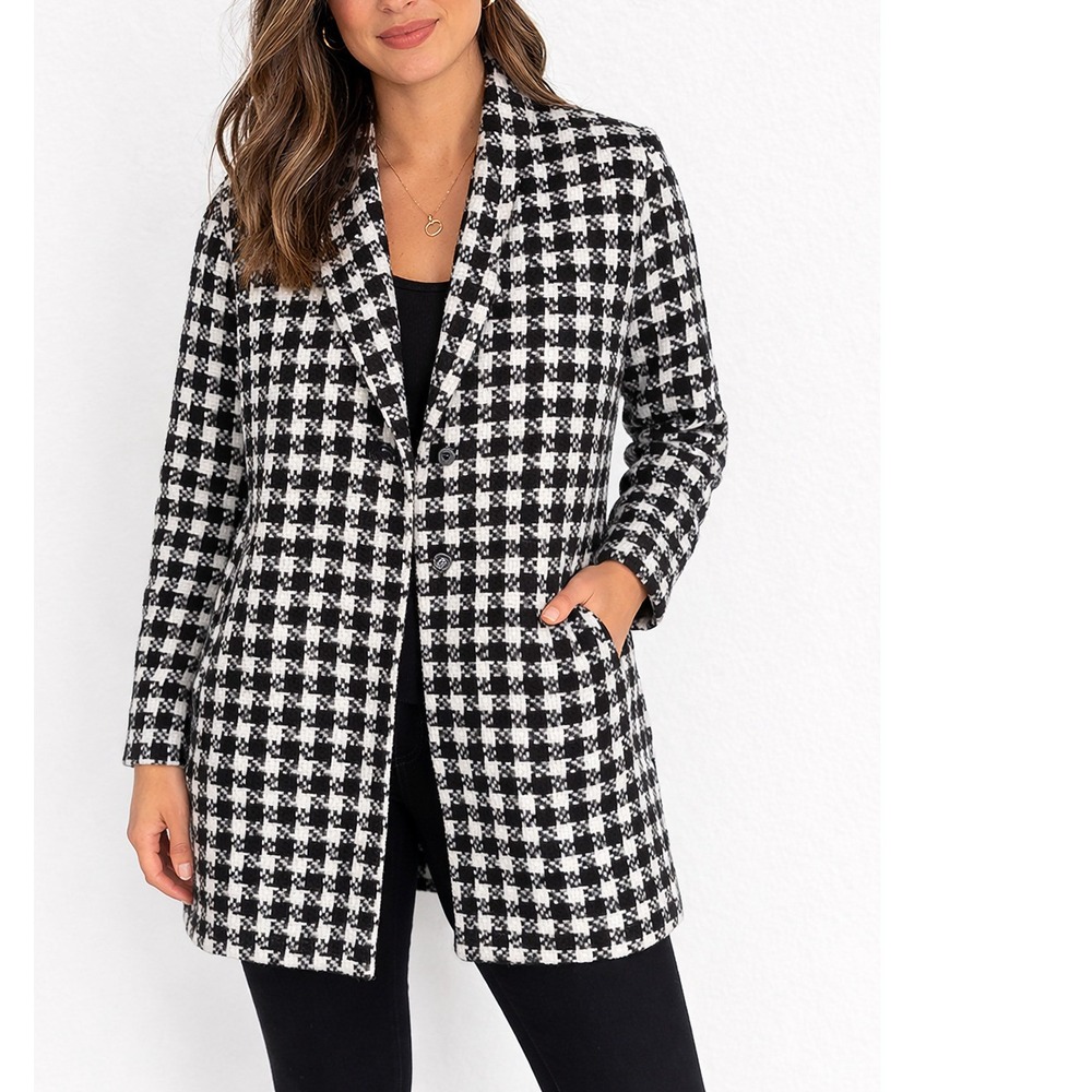 Fashion Nova Houndstooth Tweed Coat Women's‎ 2X Black White Check Pattern
